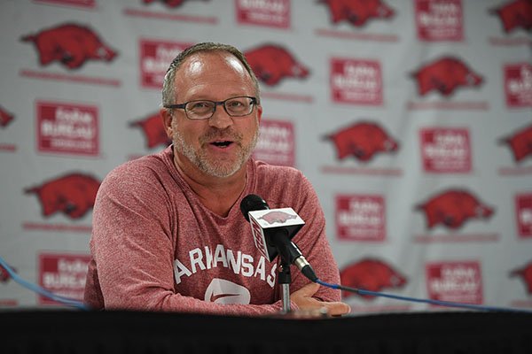 Arkansas women's basketball coach Mike Neighbors speaks to reporters during a news conference Monday, Oct. 1, 2018, in Fayetteville. 