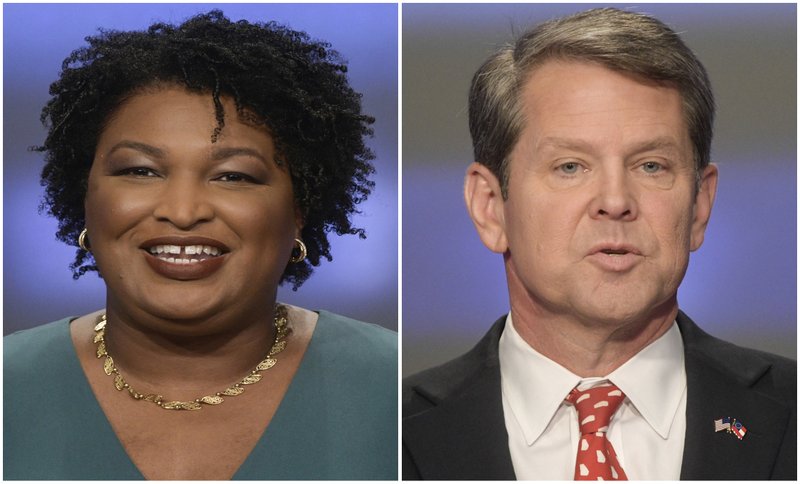 This combination of May 20, 2018, photos shows Georgia gubernatorial candidates Stacey Abrams, left, and Brian Kemp in Atlanta. Democrats and Republicans nationwide will have to wait a bit longer to see if Georgia elects the first black woman governor in American history or doubles down on the Deep South&#x2019;s GOP tendencies with an acolyte of President Donald Trump (AP Photos/John Amis, File)