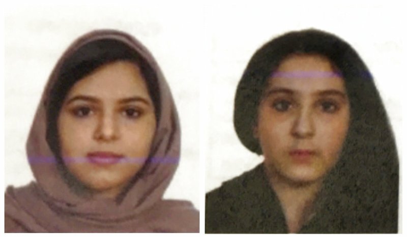 FILE - These two undated file photos provided by the New York City Police Department (NYPD) show sisters Rotana, left, and Tala Farea, whose fully clothed bodies, bound together with tape and facing each other, were discovered on on the banks of New York City's Hudson River waterfront on Oct. 24, 2018. The apparent suicide the sisters highlights the often secretive and risky attempts by Saudi women trying to flee abusive families. (NYPD via AP, File)