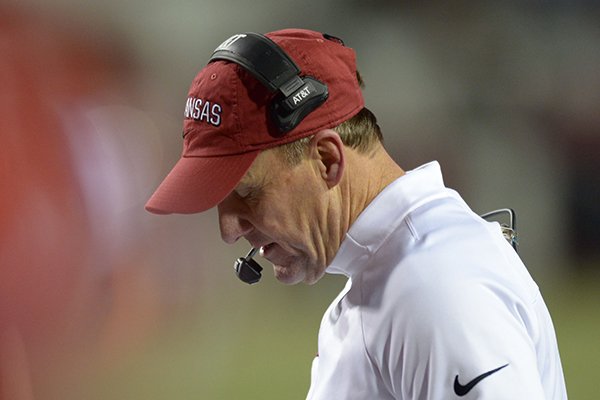 Arkansas coach Chad Morris works on the sidelines against LSU Saturday, Nov. 10, 2018, during the fourth quarter of play at Razorback Stadium. 