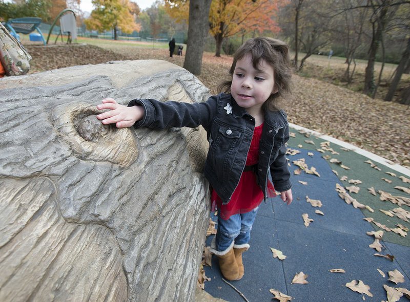 NWA Democrat-Gazette/J.T. WAMPLER Silvia Garcia, 3, plays at Wilson Park on Sunday in Fayetteville. Silvia was at the park with her aunt Cassie Reed of Fayetteville. The Parks and Recreation Advisory Board approved a budget of nearly $6.7 million for next year.