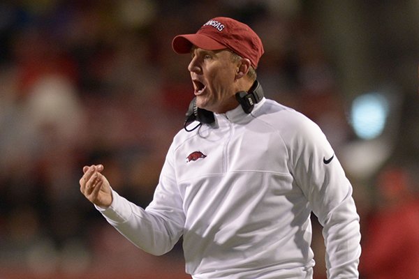 Arkansas coach Chad Morris speaks to his players as they come off the field against LSU Saturday, Nov. 10, 2018, during the second quarter of play at Razorback Stadium. Visit nwadg.com/photos to see more photographs from the game.