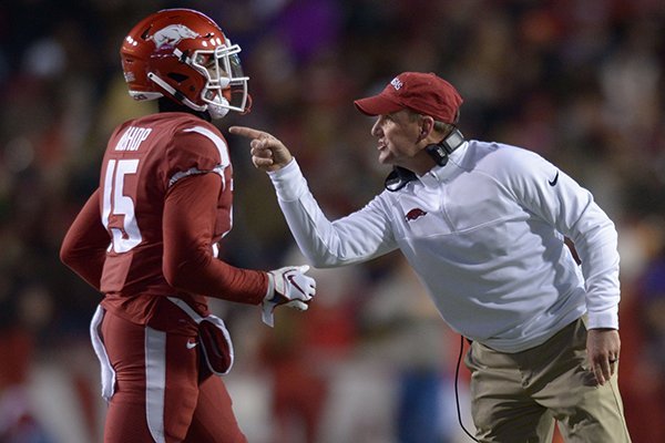Arkansas coach Chad Morris points at a player during a game against LSU on Saturday, Nov. 10, 2018, in Fayetteville. 