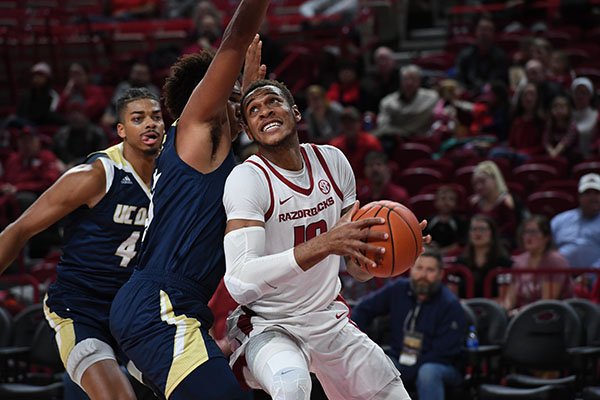 Arkansas' Daniel Gafford looks to shoot the ball during a game against UC Davis on Monday, Nov. 12, 2018, in Fayetteville. 