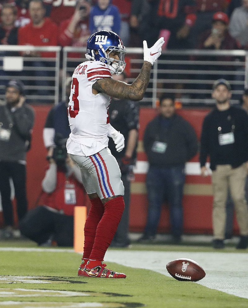 New York Giants wide receiver Odell Beckham Jr. celebrates after catching one of his two touchdown passes in the Giants 27-23 victory over the San Francisco 49ers on Monday night.