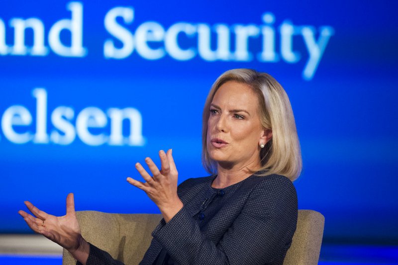 In this Sept. 5, 2018 file photo, Secretary of Homeland Security Kirstjen Nielsen speaks to George Washington University's Center for Cyber and Homeland Security, in Washington. President Donald Trump has soured on Homeland Security Secretary Kirstjen Nielsen and she is expected to leave her job as soon as this week. That's according to two people who spoke to the Associated Press on condition of anonymity. (AP Photo/Cliff Owen)