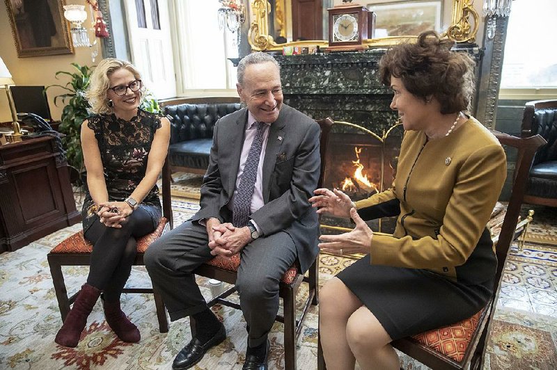 Senate Minority Leader Charles Schumer on Tuesday welcomes incoming Democratic Sens. Kyrsten Sinema (left) of Arizona and Jacky Rosen of Nevada to Capitol Hill. In Florida, the recount for a Senate seat and the governor’s office continued, with President Donald Trump calling on Democratic Sen. Bill Nelson to concede. 