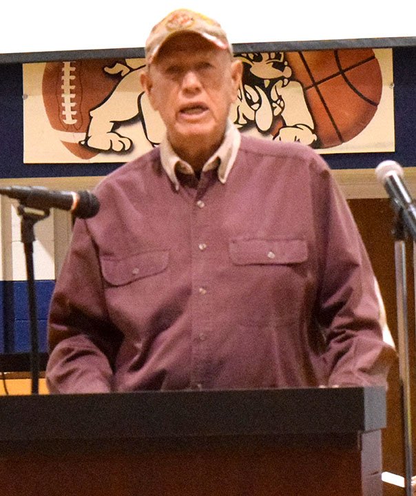 Westside Eagle Observer/MIKE ECKELS The guest speaker for the Nov. 8 Decatur High School Veterans Day assembly was Ken Holland, a Marine Corps veteran who grow up in the Gravette area.