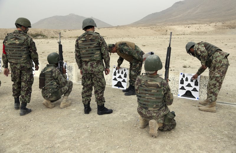 In this Oct. 31, 2018 photo, Afghan National Army teachers inspect the accuracy during a live fire exercise, at the Afghan Military Academy in Kabul, Afghanistan. When U.S. forces and their Afghan allies rode into Kabul in November 2001 they were greeted as liberators. But after 17 years of war, the Taliban have retaken half the country, security is worse than it's ever been, and many Afghans place the blame squarely on the Americans. (AP Photo/Rahmat Gul)
