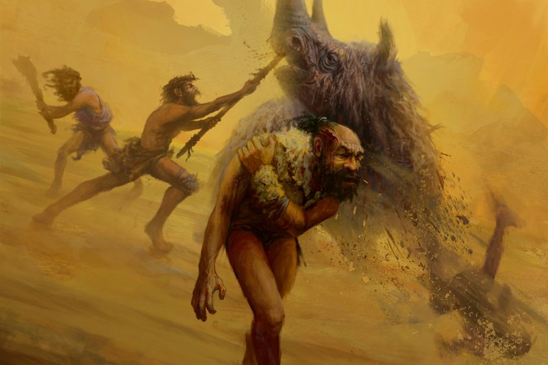 This illustration provided by Gleiver Prieto and Katerina Harvati shows a group of Neanderthals hunting with non-projectile weapons. A new analysis released on Wednesday, Nov. 14, 2018 says life as a Neanderthal was no picnic, but no more dangerous than what our own species faced in ancient times. (Gleiver Prieto/Katerina Harvati via AP)
