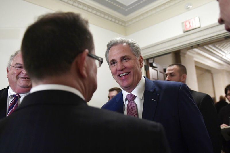 House Majority Leader Kevin McCarthy of Calif., speaks to reporters as he arrives for a meeting on Capitol Hill in Washington, Wednesday, Nov. 14, 2018, for the House Republican leadership elections. (AP Photo/Susan Walsh)