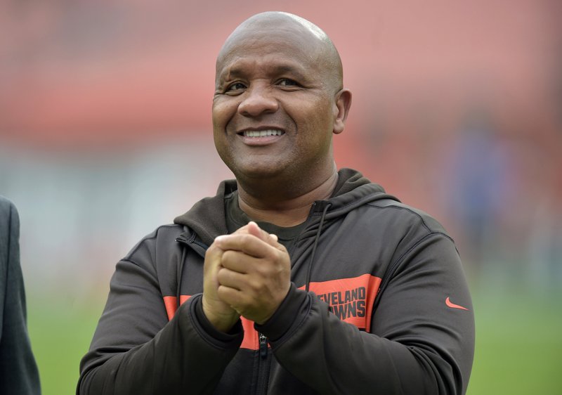 In this Sunday, Oct. 7, 2018 file photo, then Cleveland Browns head coach Hue Jackson watches before an NFL football game between the Cleveland Browns and the Baltimore Ravens in Cleveland. 