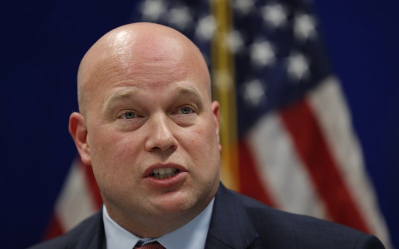 Acting Attorney General Matthew Whitaker speaks to state and local law enforcement officials at the U.S. Attorney's Office for the Southern District of Iowa, Wednesday, Nov. 14, 2018, in Des Moines, Iowa. (AP Photo/Charlie Neibergall)

