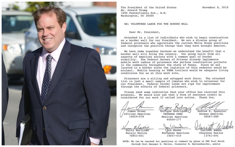 Former Arkansas senator Jon Woods is shown in this file photo next to a screenshot of a letter of a letter he shared offering prison labor to build a Mexican border wall.