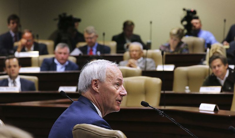 Gov. Asa Hutchinson presents his fiscal 2020 budget proposal Wednesday during a joint meeting of the Legislative Council and Joint Budget Committee. 