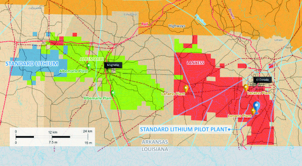 The map shows brine leases of Albemarle, Standard Lithium, and Lanxess in Columbia, Lafayette, and Untion Counties.