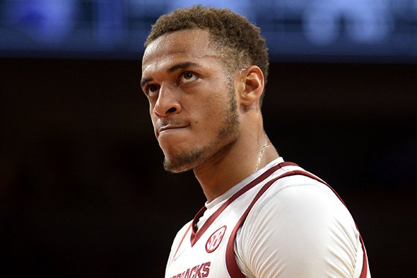 Arkansas forward Daniel Gafford reacts to a call during an exhibition game against Southwest Baptist on Friday, Nov. 2, 2018, in Fayetteville. 