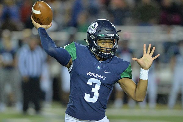 Little Rock Christian quarterback Justice Hill throws a pass during a game against Maumelle on Friday, Oct. 26, 2018, in Little Rock. 
