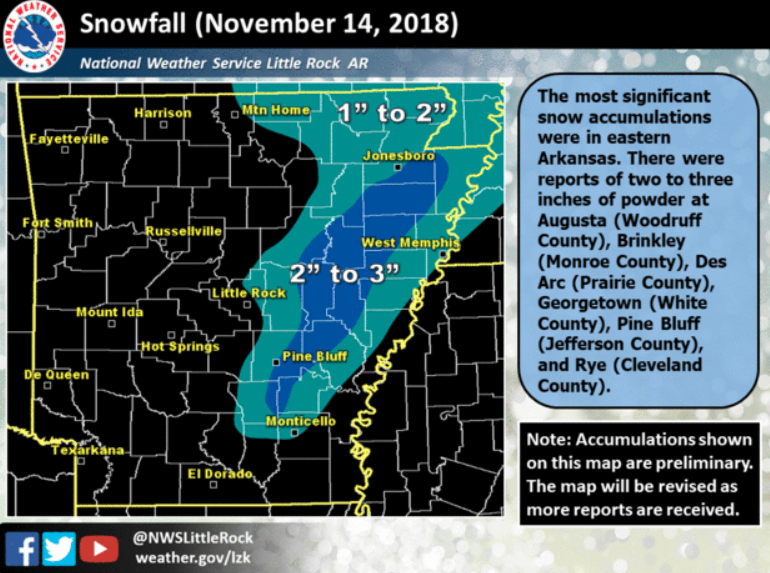 This National Weather Service graphic details snowfall accumulations in Arkansas from a storm that moved through Wednesday into Thursday.