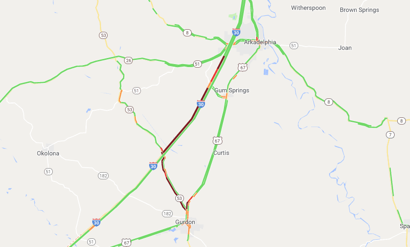 A screenshot of the iDrive Arkansas traffic map around 5:40 p.m. Thursday.