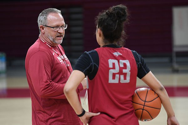 Arkansas coach Mike Neighbors talks to player Amber Ramirez during practice Monday, Oct. 1, 2018, in Fayetteville.