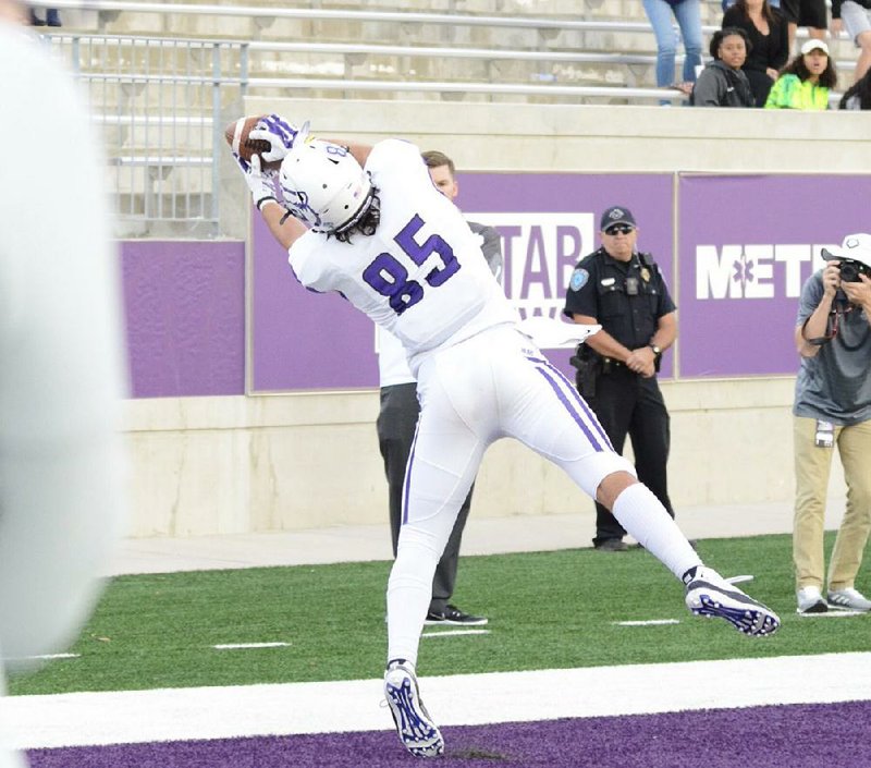 Sophomore tight end Jack Short drags his foot in the end zone to stay inbounds as he catches a touchdown pass Saturday to give UCA a 16-7 victory over Abilene Christian in Abilene, Texas.