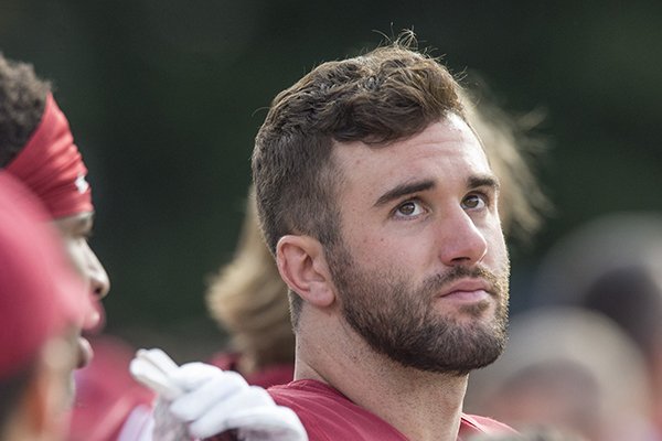Arkansas quarterback Ty Storey watches in the fourth quarter of a game against Mississippi State on Saturday, Nov. 17, 2018, at Davis Wade Stadium in Starkville, Miss.