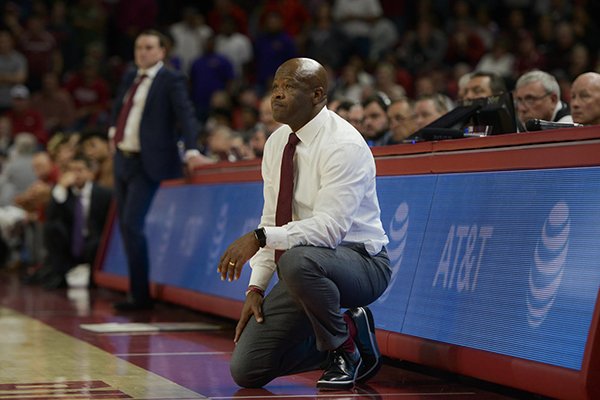 Arkansas coach Mike Anderson watches from the sideline during a game against Indiana on Sunday, Nov. 18, 2018, in Fayetteville. 