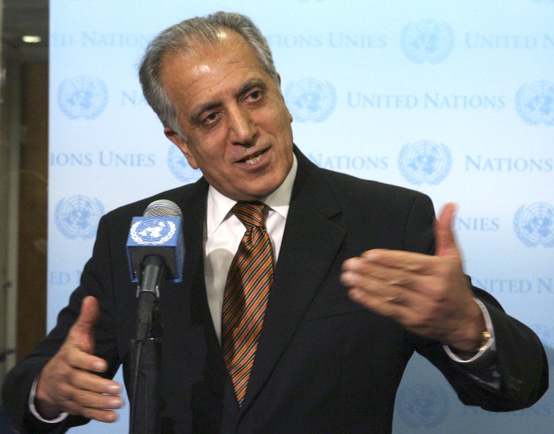 FILE - In this Jan. 5, 2009 file photo, then-U.S. Ambassador to the U.N. Zalmay Khalilzad, speaks to reporters at the United Nations headquarters. Taliban officials said Monday, Nov. 12, 2018 that Pakistan has released Abdul Samad Sani, a U.S.-designated terrorist who served as the Afghan Central Bank governor during the militants' rule, along with a lower-ranking commander named Salahuddin. It came as U.S. envoy Zalmay Khalilzad launched a second tour of the region, with stops in Pakistan, Afghanistan, the United Arab Emirates as well as Qatar, where the Taliban maintain a political office. (AP Photo/Mary Altaffer, File)