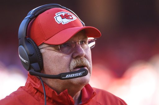 In this Sunday Oct. 28, 2018 file photo, Kansas City Chiefs head coach Andy Reid watches the game during an NFL football game against the Denver Broncos in Kansas City, Mo. 