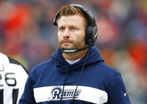 FILE - In this Sunday, Oct. 14, 2018 file photo, Los Angeles Rams head coach Sean McVay watches during the second half of an NFL football game against the Denver Broncos in Denver. The Chiefs (9-1) visit the Rams (9-1) in a game originally scheduled for Mexico City before poor field conditions at Azteca Stadium prompted the NFL to move the game to California on six days&#x2019; notice. Instead, the Coliseum will host a prime-time meeting of two incredibly prolific offenses masterminded by two coaches separated by 28 years of age, but together on the cutting edge of football.(AP Photo/Joe Mahoney, File)