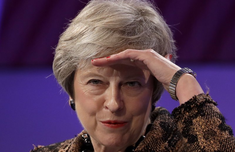 Britain's Prime Minister Theresa May delivers a speech at the CBI annual conference in London, Monday, Nov. 19, 2018. Theresa May said in a speech to business lobby group the Confederation of British Industry that the deal "fulfils the wishes of the British people” to leave the EU, by taking back control of the U.K.’s laws, money and borders. (AP Photo/Kirsty Wigglesworth)

