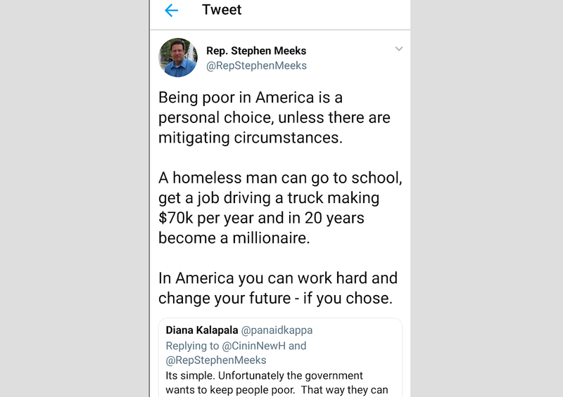 This screenshot shows a tweet posted by Rep. Stephen Meeks asserting that being poor "in America is a personal choice."