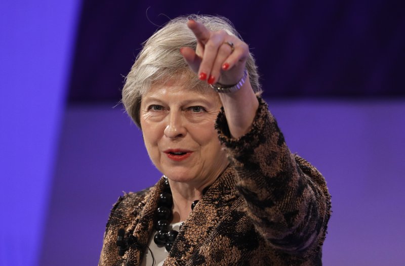 Britain’s Prime Minister Theresa May delivers a speech at the CBI annual conference Monday in London. 