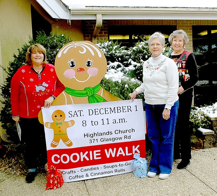 Lynn Atkins/The Weekly Vista Sue LaHood, Glenna Pickens and Barbara Zillman are preparing for the annual Highland Church Cookie Walk which will take place on Dec. 1. The giant gingerbread cookie appears in many local family Christmas photos.