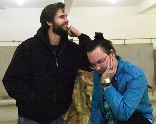 The Sentinel-Record/Grace Brown ARKANSAS DIRECTOR: Actor Liam Hemsworth, left, and Glenwood native Clark Duke have some fun between takes of their new movie "Arkansas." The film, Duke's feature directorial debut, was filmed partially in Hot Springs.