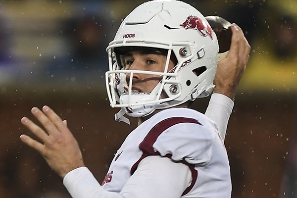 Arkansas quarterback Connor Noland throws a pass during a game against Missouri on Friday, Nov. 23, 2018, in Columbia, Mo.