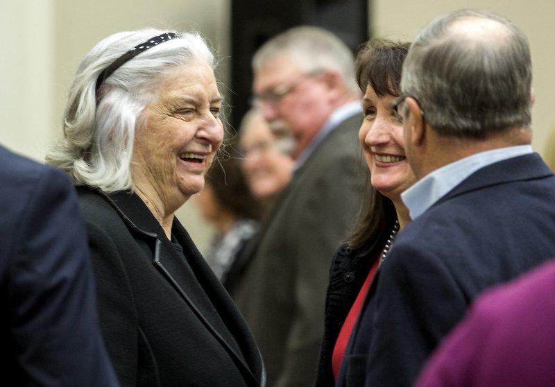 FILE — Betty Bumpers visits with family and friends on Monday, Jan. 11, 2016, following a memorial service for her husband, U.S. Sen. Dale Bumpers, inside the First United Methodist Church in Charleston.
