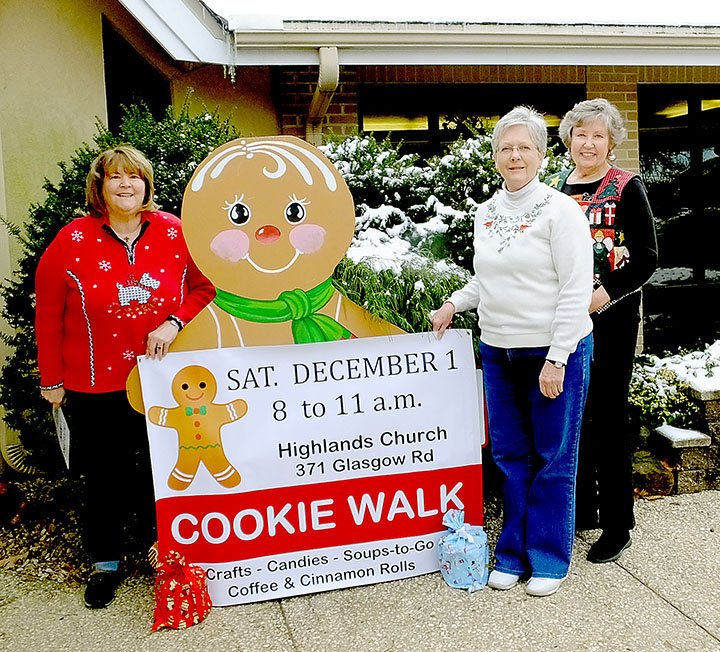 NWA Democrat-Gazette / LYNN ATKINS Sue LaHood, Glenna Pickens and Barbara Zillman are preparing for the annual Highlands Church Cookie Walk, which will take place on Dec. 1 in Bella Vista. Doors open at 8 a.m.; the walk begins at 8:30 a.m. Cinnamon rolls, coffee, sweets and treats, soups to go and handmade crafts are available for purchase all morning. All proceeds support Highlands Church mission and ministry projects. Containers of cookies are $12 each. The giant gingerbread cookie is a tradition of the walk that appears in many local family Christmas photos, church members say. Information: 855-2277.