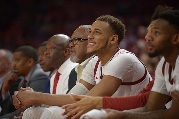 Arkansas forward Daniel Gafford (10) watches from the bench during a game against Texas-Arlington on Friday, Nov. 23, 2018, in Fayetteville. 