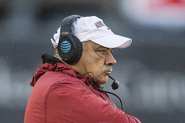 Arkansas defensive coordinator John Chavis watches during a game against Missouri on Friday, Nov. 23, 2018, in Columbia, Mo. Arkansas defensive coordinator John Chavis watches during a game against Missouri on Friday, Nov. 23, 2018, in Columbia, Mo.