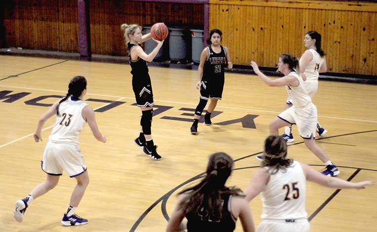 MARK HUMPHREY ENTERPRISE-LEADER Lincoln senior Jessica Goldman, shown making one of three consecutive 3-point shots at Westville, is a sharpshootinger forward on the Lady Wolves girls basketball team. Goldman scored 16 points during the Lady Wolves' 50-49 loss to Pea Ridge on Nov. 7, 2018 during the Queens of the Court girls basketball tournament hosted by Green Forest.