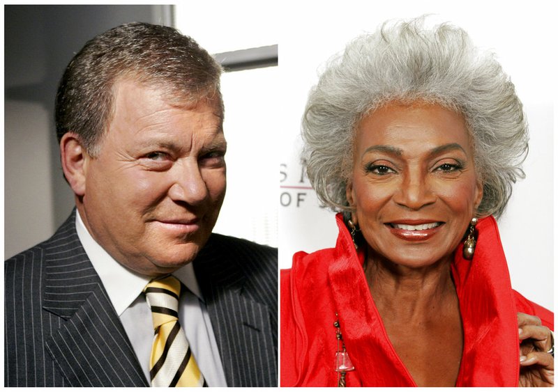 This combination photo shows actor William Shatner on the set of ABC's "Boston Legal" in Manhattan Beach, Calif., on Sept. 13, 2004, left, and actress Nichelle Nichols attending an all-star tribute concert for jazz icon Herbie Hancock in Los Angeles on Oct. 28, 2007. Fifty years ago, one year after the U.S. Supreme Court declared interracial marriage was legal, two of science fiction's most enduring characters, Captain James T. Kirk, played by Shatner and Lieutenant Nyota Uhura, played by Nichols, kissed each other on "Star Trek." 