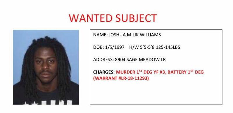This wanted flier posted on the Little Rock Police Department Facebook page provides details about Joshua Milik Williams, a suspect named in a Nov. 16 shooting that killed three people and injured a fourth. 