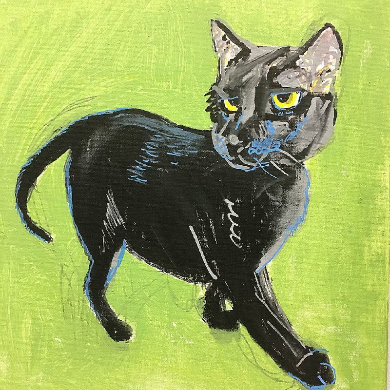 John Kushmaul’s playful Cat, Green hangs at Gallery 26. 