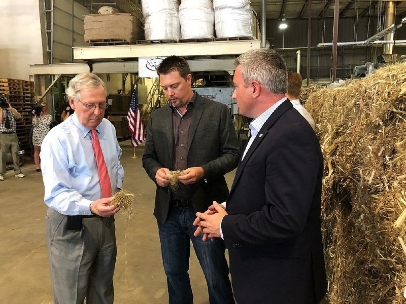 Senate Majority Leader Mitch McConnell (left) inspects a sample taken from a bale of hemp at a processing plant in Louisville, Ky. McConnell has championed making hemp a legal agricultural commodity in the federal farm bill. 