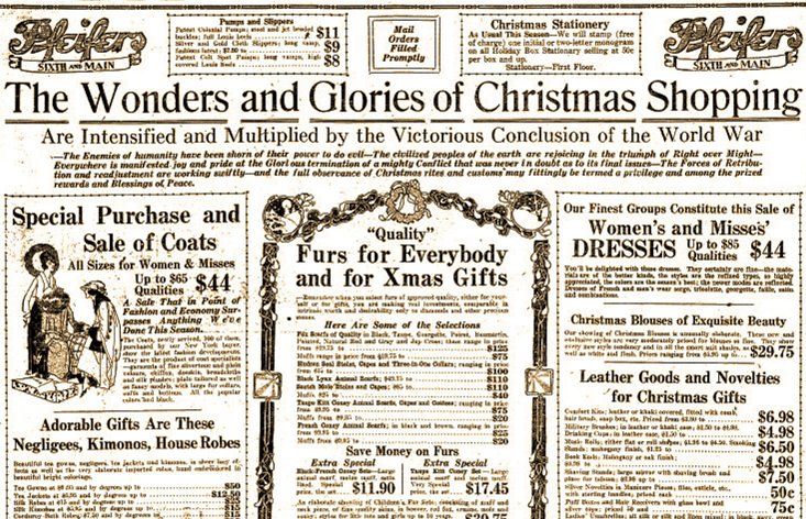 This is the top half of a full page ad by the Pfeifers store in Little Rock in the Dec. 1, 1918, Arkansas Gazette.(Arkansas Democrat-Gazette)
