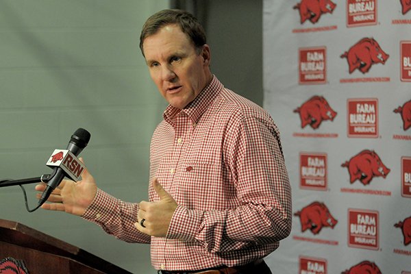 Arkansas coach Chad Morris speaks to reporters during a news conference Thursday, Nov. 29, 2018, in Fayetteville.	