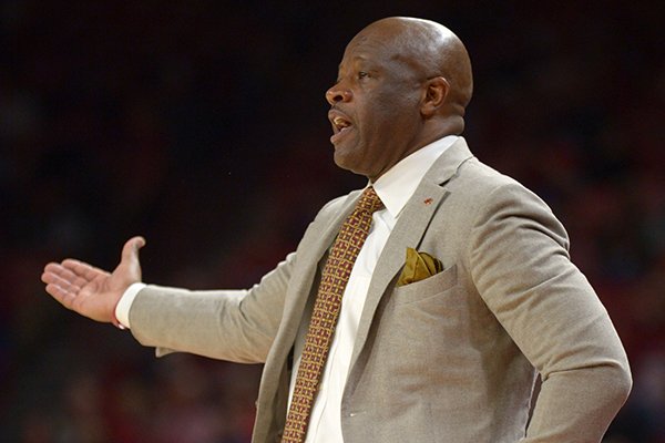 Arkansas coach Mike Anderson directs his players against Florida International Saturday, Dec. 1, 2018, during the second half of play in Bud Walton Arena. Visit nwadg.com/photos to see more photographs from the game.
