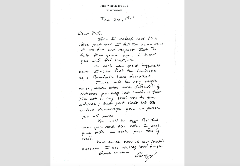 This image provided by the George H.W. Bush Presidential Library and Museum shows a note written by George H.W. Bush to Bill Clinton. (George H.W. Bush Presidential Library and Museum via AP)

